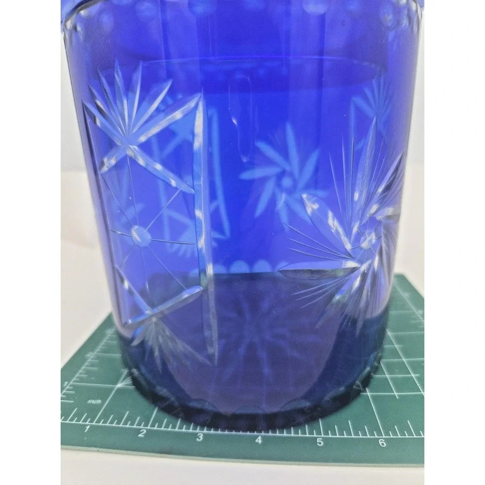 Bohemian Czech Cobalt Blue Cut to Clear‎ Pinwheel Biscuit Cookie Jar Ice Bucket
